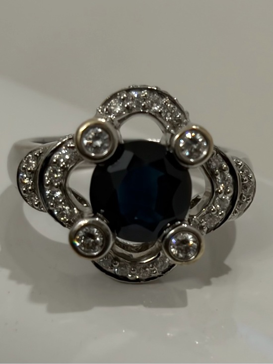 Jewelry - Custom Made Elegant Blue Sapphire and Diamond Halo Ring